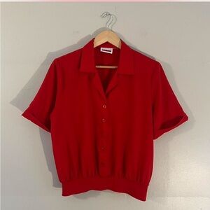 Vintage 80’s Judy Bond Silk Red Button-Up Women's Shirt Preppy Summer Office